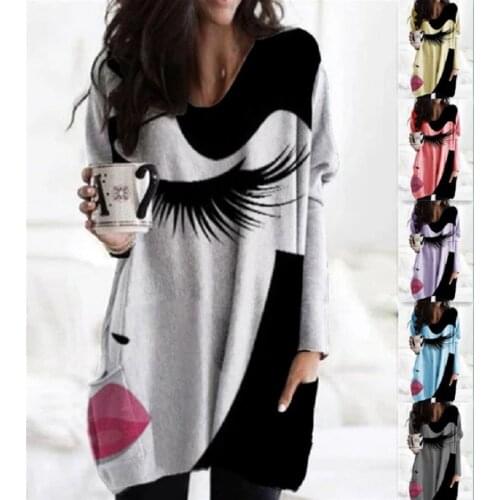 Plus Size 3XL Women Print Irregular Hem Tshirt Vintage Long Sleeve T-Shirt Tops V-Neck Tee Shirt Tunic Clothes Mujer