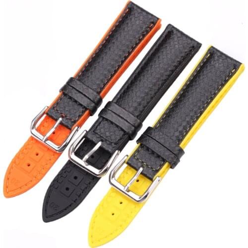 HENGRC Watchbands Leather + Rubber Women Men 18mm 20mm 22mm Watch Strap Bracelet With Steel Buckle Black Yellow Orange
