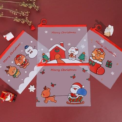 Cartoon Christmas Ring File Bag Student Girl Heart Zipper Bag Multifunctional Transparent Stationery Storage File Bag