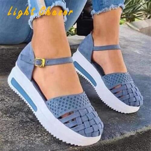 Summer Flat Sandals Low-top Solid Color Wedges Single Shoes Round Toe Buckle Large Size Womens Sandals Womens Platform Sandals