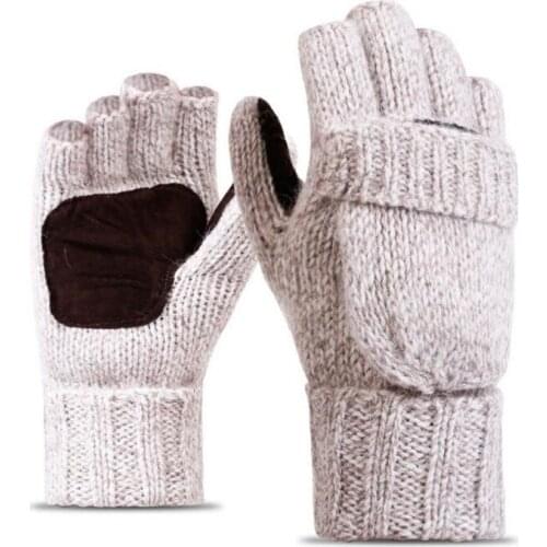 YSDNCHI Women Knit Wool Gloves Winter Warm Lover Gloves Men Casual Beige Gray Warm Clamshell Fingerless Thicken Mittens