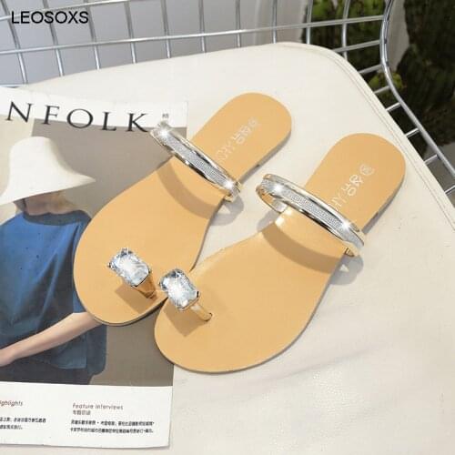 Rhinestone Slippers Female 2021 Summer Casual Fashion Flat-bottomed Sandals With Diamond Set Toe Sandals Solid Color Beach Shoes