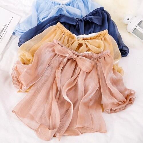 Women Summer Slash Neck Puff Sleeve Basic Ruffles Bow Shirt Elegant Lady Short Bandage Strap Mesh Gauze Pullover Blouse Tops