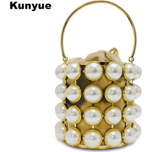 Trendy Metallic Dot Pearl Evening Bags Luxury Women Hollow Out Round Box Basket Wedding Party Clutch Purse Elegant Lady Handbags