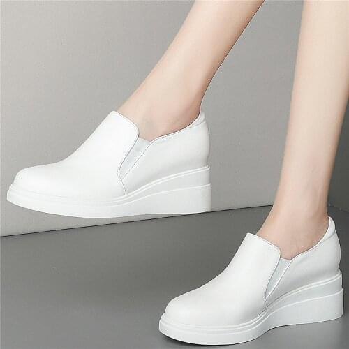 7cm High Heel Creepers Women Genuine Leather Wedges Ankle Boots Female Round Toe Fashion Sneakers Platform Loafers Casual Shoes