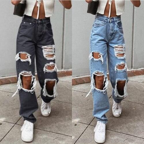 Women Button High Waist Pocket Elastic Hole Jeans Trousers Loose Denim Pants Daily Casual High Quality Comfy Jeans Femme 2021
