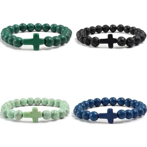 1PC Handmade Matte Bracelet Cross Men Popular Beaded Bracelets Natural Stone Women Prayer Gift Jewelry