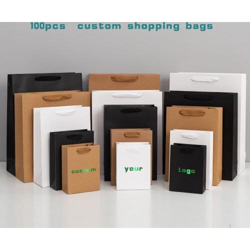 100Pcs Custom Logo Advertising Gift Bag Thick Grossy White Paper Bag Kraft Paper Bag Shopping Bag Print One Color Logo