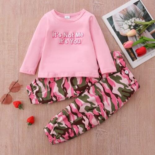 2Pcs Baby Girls Autumn Casual Clothes Sets 2021 New Kids Long Sleeve T-shirt Tops Camouflage Pants with Pockets Outfit 1-6Y
