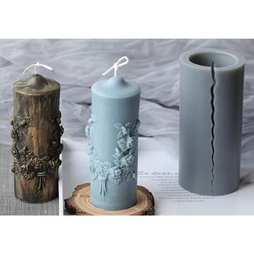 3D Carved Cylindrical Candle Mold Silicone Clay Soap Mould for Making Soy Wax Candles Handmade Art Craft E56C