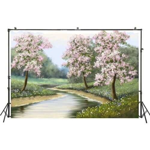 Watercolor Nature Scene Photography Backdrop Brook Pink Floral Green Grass Banner Studio Background Spring Poster Portrait Props