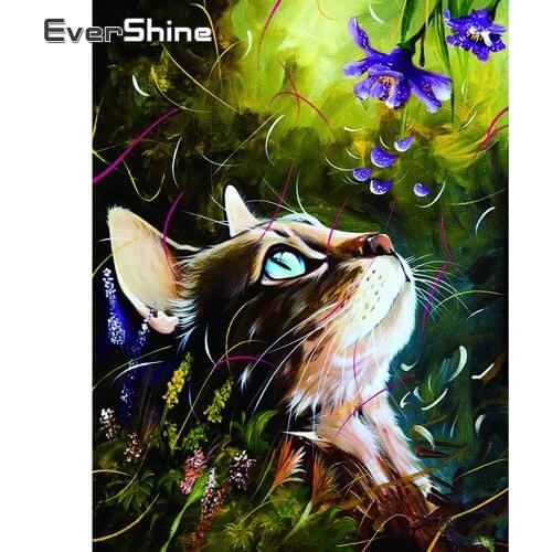 EverShine DIY Diamond Embroidery Animal Diamond Painting Full Drill Square Cat Picture Mosaic Cross Stitch Flower Handmade Gift