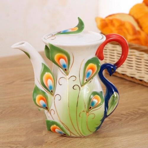 European Palace Luxury Peacock Peony Flower Coffee Pot Decoration Home Room Table Ceramic Tea pot Sculpture Household Crafts Art