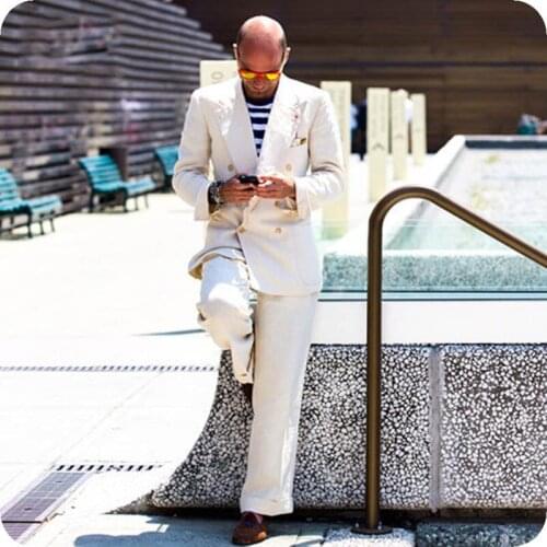 Custom Made Ivory Linen Men Suits for Wedding Casual Groom Tuxedos Summer Man Blazers Jacket Double Breasted Peaked Lapel 2Piece