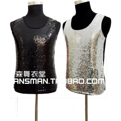 Mans Black Silver Clothing Male Singer DJ Nightclub Guest Bar GD Dense Sequined Backing Tank Vest Costume