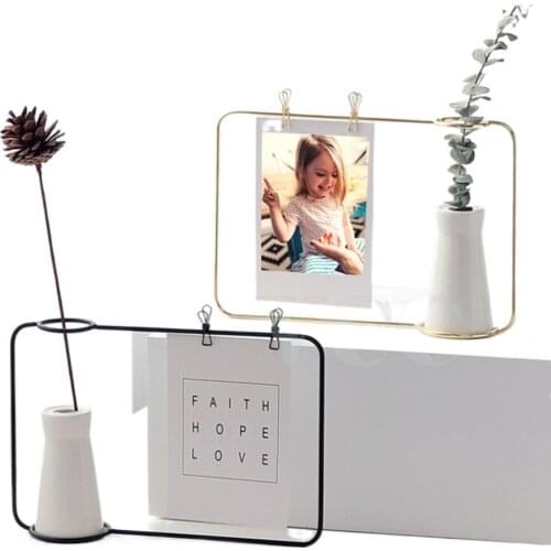 Nordic Wrought Iron Bracket Photo Frame Creative Flower Vase Golden Black Decoration Picture Tabletop Decor