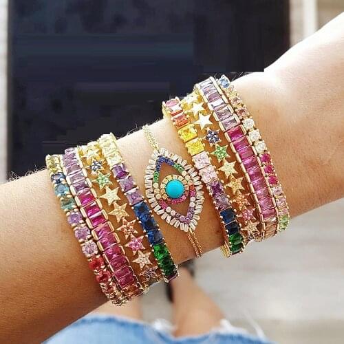 2021 New Rainbow Tennis Bracelet Colorful Zircon Chain Bangle Simple Fashion Rainbow Bangles Jewelry For Women Ladies Gifts