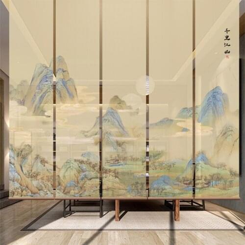 New Chinese landscape hanging screen lifting curtain soft partition screen curtain tea room custom curtain