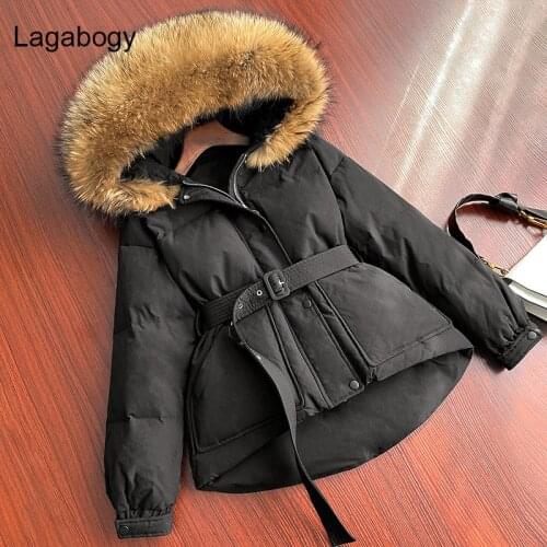 Lagabogy 2021 New Winter Women Coat Thick Warm Large Real Fur 90% White Duck Down Parka Female Hooded Puffer Jacket With Belt