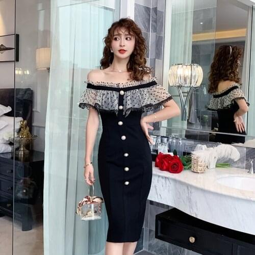 Slash Neck Sheath Dress Women Mesh Patchwork BUttons Bodycorn Dress Ruffles Slim Luxury Office Lady Elegant Sexy Dress C750