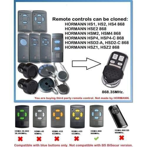 Hormann Hs1 Hs2 Hsm1 HSZ HSP4 HSD2-A HSE2 (Blue Buttons) command remote control