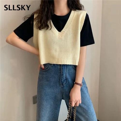 Sllsky Casual Youth Loose Short V-neck Waistcoat Knitted Sleeveless Sweet All-Match Shirts Top Female 2021 Spring And Autumn