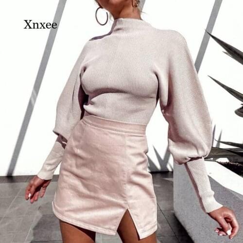 Autumn Sweater Ladies Solid Color Sweater Turtle Neck Long Puffy Sleeve Knitted Pullover Soft Pull Snake