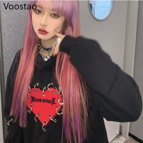 Japanese Harajuku Gothic Hoodies Spring Autumn Women Chic Love Hearts Metal Buckle Hollow Out Long Sleeve Patchwork Sweatshirts