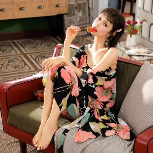 Ladies Pajamas New Korean Version Of Loose Cotton Silk Three-Piece Suit Suspenders Nightgown Exquisite And Cute Printing Casual
