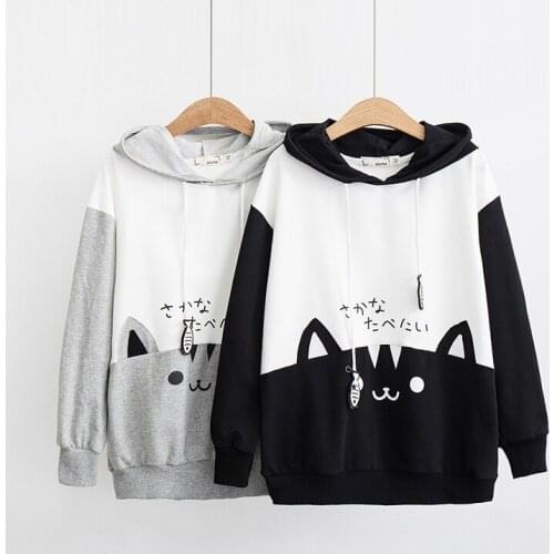 Women Cartoon Print Harajuku Hooded Sweatshirts Autumn Long Sleeve Patchwork Cat Pullover Sweet Girl Cute Kawaii Hoodies