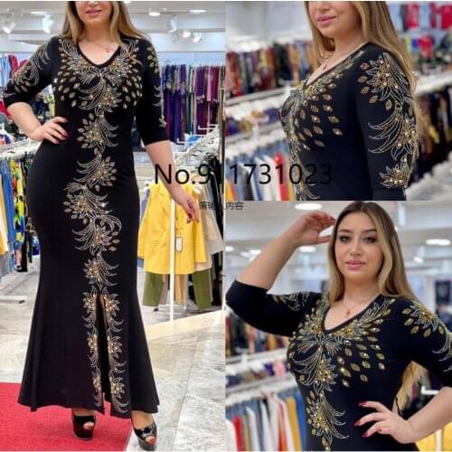 African Womens Clothing Printed stitching Front Slit Commuter Plus Size Dress Knitting Flowers Golden Velvet Cotton Elegant
