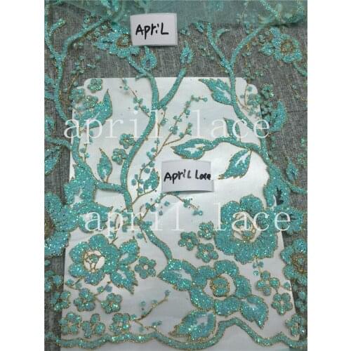 Ap2053 # 5 yards blue gold fower 2side romantic hand print glued glitter net tulle mesh sugar lace fabric for sawing dress