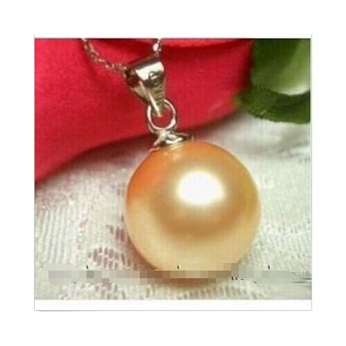 Free shipping 14mm Yellow South Sea Shell Pearl Round Bead Pendant Necklace 18"