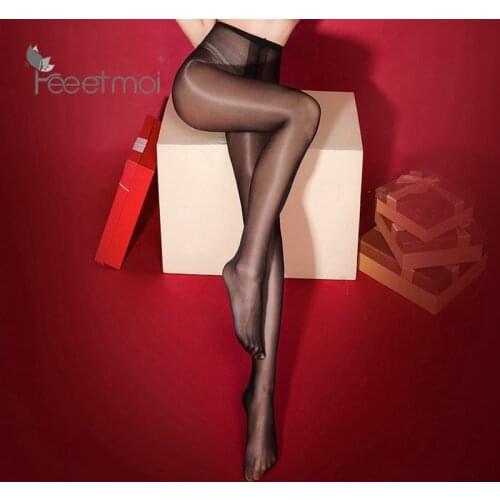 Cheap See Through Oil Shiny High Waist Tights for Women Open Crotch Detail Pantyhose Lolita Cute Candy Color