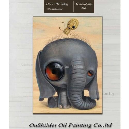 Lovely Animal Elephant and Small Eye Peanut Happy Jumping Oil Painting Pure Hand-painted Cartoon Canvas Oil Painting for Decor