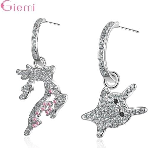 Korean Christmas Cute Elk Zircon Drop Earring Simple Animal 925 Silver Asymmetry Deer Rabbit Earrings For Women Jewelry