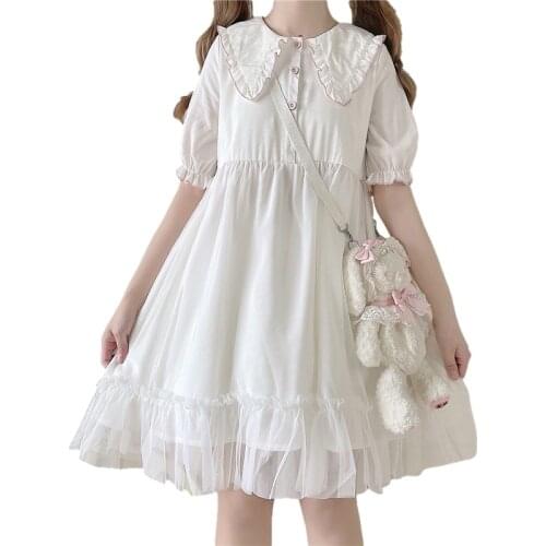 Lolita Sweet Mesh Chiffon Cute Dress Girls Summer Kawaii Casual Puff Short Sleeve Princess Soft Tulle Japanese Fashion Clothes