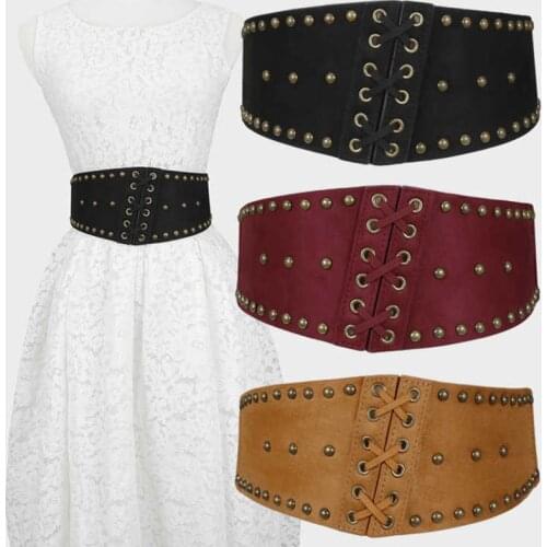 New Vintage Black Leather Cummerbunds Female Woman Belt Studded Elegant WomenS Belts Punk Rivet Stretchy Dress Decoration Lady