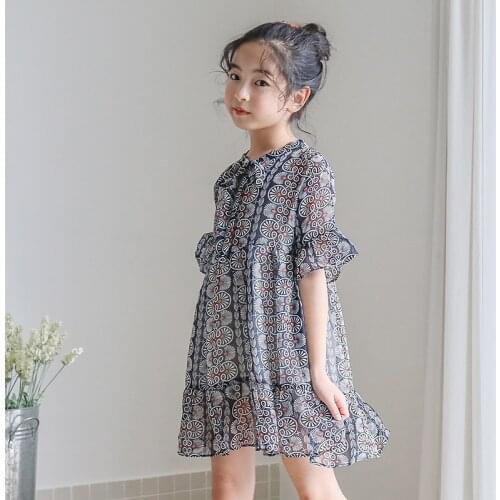 Girls' Summer Dress 2020 New Summer Korean Costume Chiffon Print Decorative Stitching Style Girls Holiday Dress 6 to 14 years
