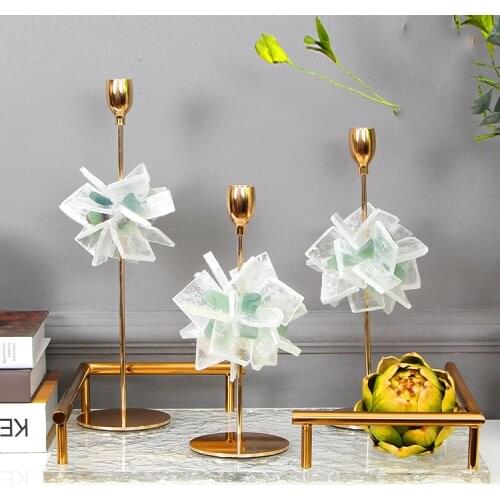 Luxury Natural Crystal Chip Stitching Flower Shape Ornament Decor Home Stainless Steel Candle Holder Romantic Candlelight Dinner