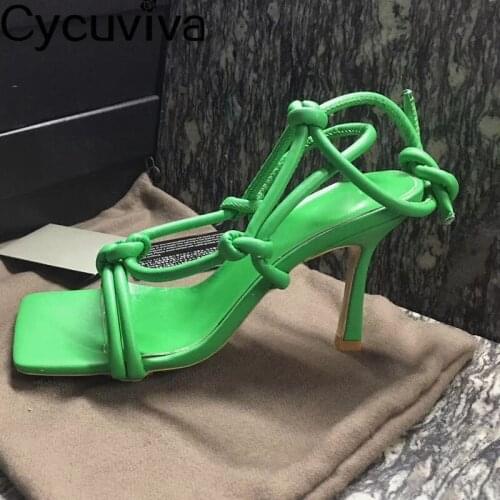 New Braided Knot High Heels Sandals Women Purple Leather Square Toe Strappy Summer Dress Shoes Sexy Party High Heel Shoes Woman