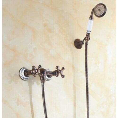 Dual Handle Antique Retro Brass Wall Mounted Shower Set Porcelain Handshower Bathroom Shower Mixer Taps SF1021
