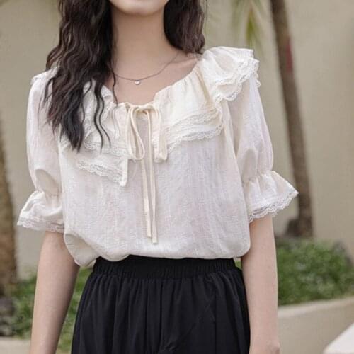 Alien Kitty Women Shirts 2021 Summer Solid Female Blouse Slim Drawstring Elegant All Match Fashion Belt Office Lady Tops Lace