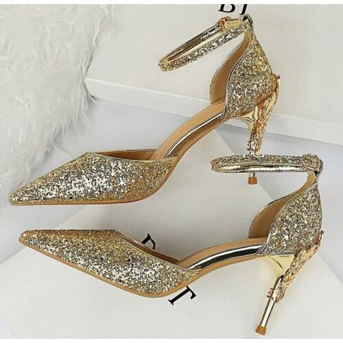 New Women 7.5cm 9.5cm High Heels Sparkle Sandals Wedding Bridal Low Heels Sandles Stiletto Glitter Prom Elegant Stripper Pumps