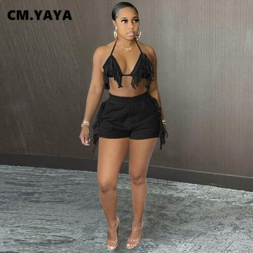 CM.YAYA Women Set Solid Sleeveless Bandage Halter Tassel Bra Tops Pockets Shorts Two 2 Piece Sets Sexy Night Clubwear Summer