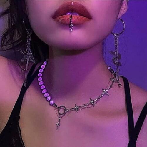 Punk Cross Pearl Choker Necklaces for Women Luminous Pearls Statement Necklace Hip Hop Jewelry Accessories Party Gift