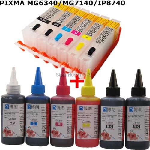 6 INK For CANON pixma MG6340 MG7140 IP8740 printer PGI 450 CLI 451refillable ink cartridge+ 6 Color Dye Ink 100ml
