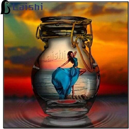 Diamond Painting Creative art, drifting bottle art, sexy woman beach woman sunset Scenery full Round square Diamond Home Decor