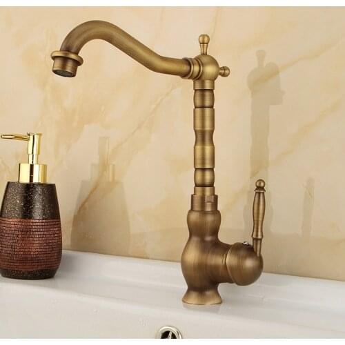 Antique Brass Deck Mount Bathroom Kitchen Faucet Single Handle 360 Rotate Basin Sink Mixer Taps Black Hot and Cold Water Mixers