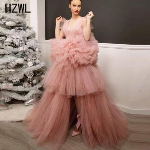 Asymmetrical Tiered Tulle Prom Dresses V-Neck tutu Split Formal Evening Gowns Floor Length vestidos de fiesta de noche